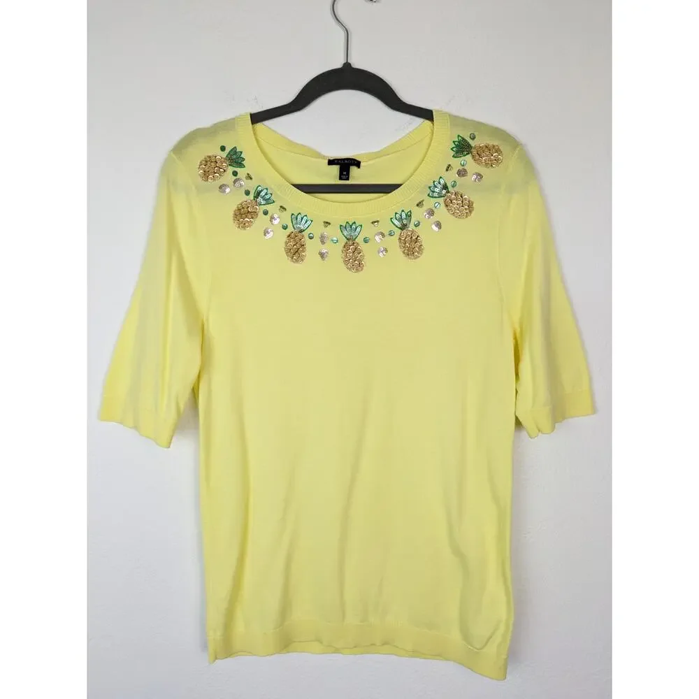 Talbots Sweater Pineapple Beaded Sequins Spring Summer Yellow Novelty Size M